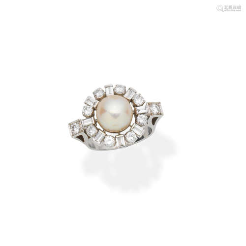 Cultured pearl and diamond cluster ring