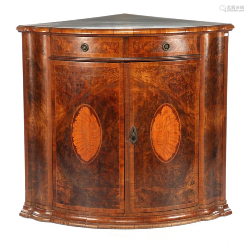 Burr walnut 2-door corner cabinet