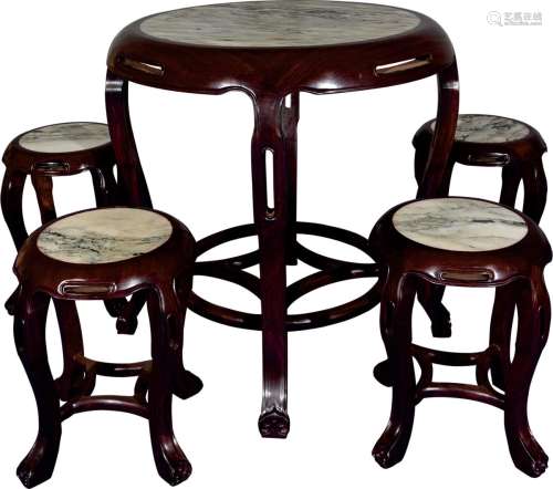 红木镶理石鼓形圆台/四凳 一套5件