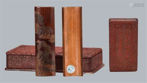 禅学道人（于蒨）款 留青阳雕笔搁 配剔红木盒  购于北京保利拍卖公司