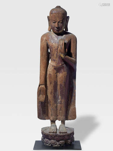 A WOOD FIGURE OF BUDDHA MYANMAR, PAGAN PERIOD, 12TH/13TH CENTURY