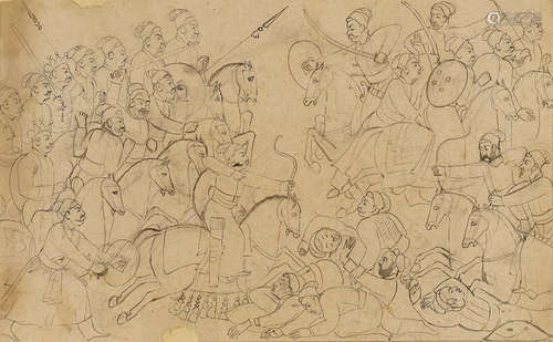 AN ILLUSTRATION FROM A BHAGAVATA PURANA SERIES: BATTLE OF THE KAURAVAS AND SRINJAYS ATTRIBUTED TO MANAKU GULER, CIRCA 1745