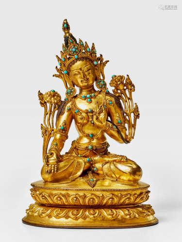 A GILT COPPER ALLOY FIGURE OF TARA SCHOOL OF SONAM GYALTSEN, CENTRAL TIBET, 15TH CENTURY