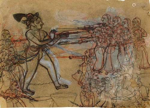 A STIPPLED SKETCH OF SHRI BRIJNATHJI PLAYING HOLI WITH THE GOPIS KOTAH, EARLY 18TH CENTURY