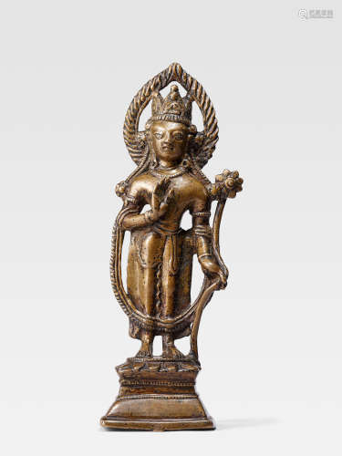 A BRASS FIGURE OF AVALOKITESHVARA PADMAPANI NORTH INDIA, HIMACHAL PRADESH, 11TH/12TH CENTURY