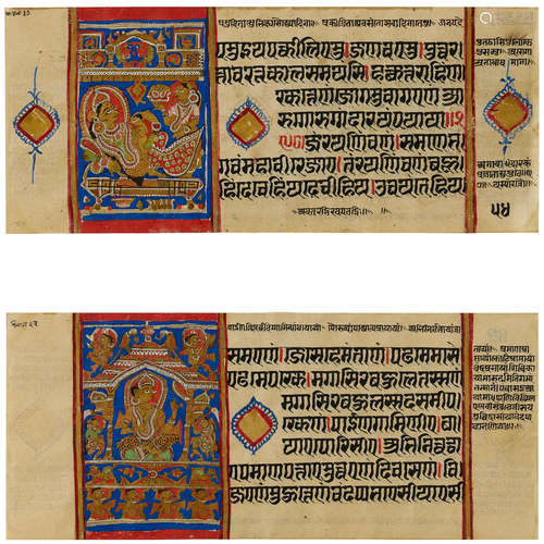 TWO DOUBLE-SIDED FOLIOS FROM A KALPA SUTRA MANUSCRIPT GUJARAT, MID-15TH CENTURY