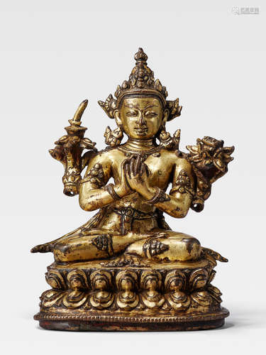 A GILT COPPER ALLOY FIGURE OF MANJUSHRI NEPAL, 14TH CENTURY