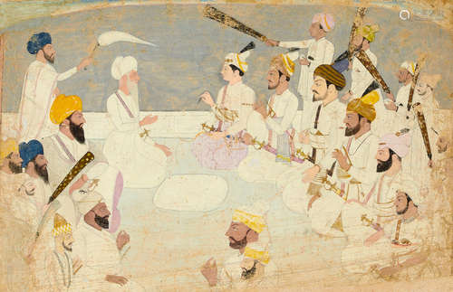 A DARBAR SCENE WITH SANSAR CHAND OF KANGRA AND JAI SINGH KANHAIYA ATTRIBUTED TO BASSIA OR SHIBA KANGRA, EARLY 19TH CENTURY