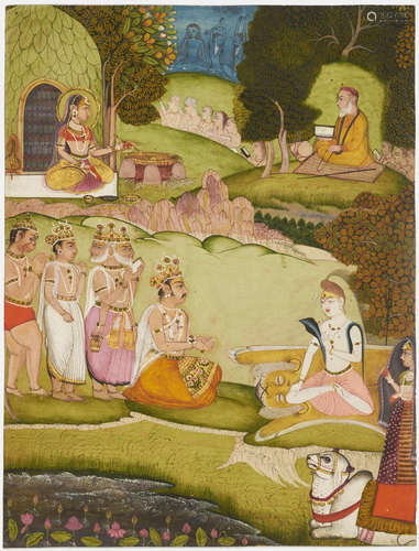 AN ILLUSTRATION FROM A BHAGAVATA PURANA SERIES: KING BAGIRATHA PLEADS WITH SHIVA TO BREAK GANGA'S FALL BIKANER, MID 18TH CENTURY