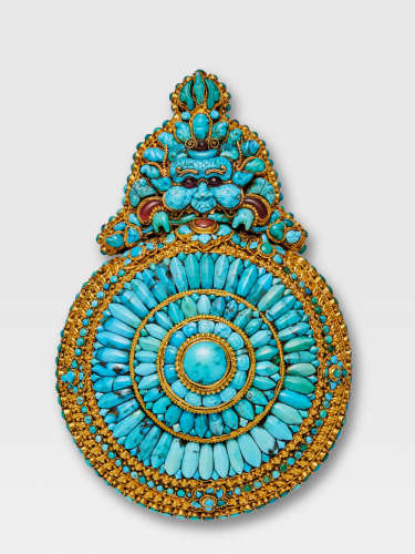 A TURQUOISE AND GOLD 'MOONEATER' (CHEPPU) LHASA, TIBET, CIRCA 1900