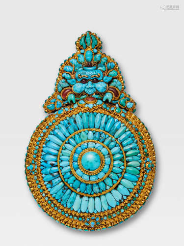 A TURQUOISE AND GOLD 'MOONEATER' (CHEPPU) LHASA, TIBET, CIRCA 1900