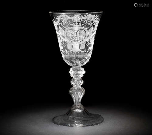 A Dutch engraved Royal armorial goblet, circa 1735-40