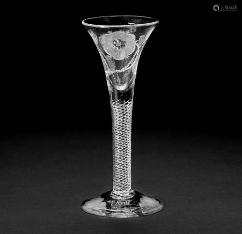 A rare Jacobite engraved airtwist wine glass, circa 1750