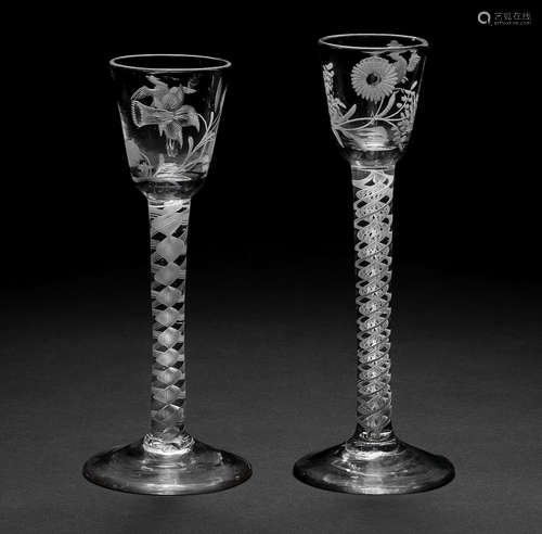 Two engraved opaque twist cordial glasses, circa 1765