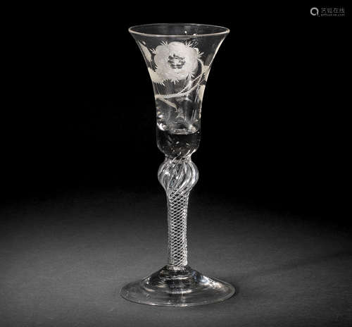 A Jacobite engraved airtwist wine glass, circa 1750