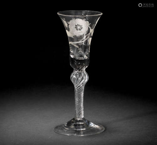 A Jacobite engraved airtwist wine glass, circa 1750