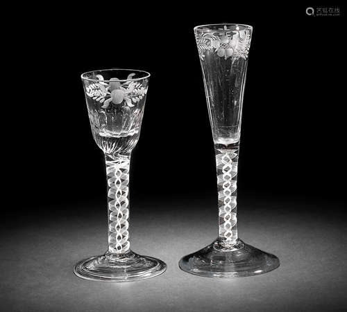 A rare engraved opaque twist cordial glass and a ratafia flute, circa 1760-65