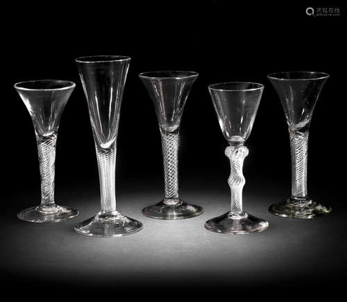 Five airtwist wine glasses and a flute, circa 1750