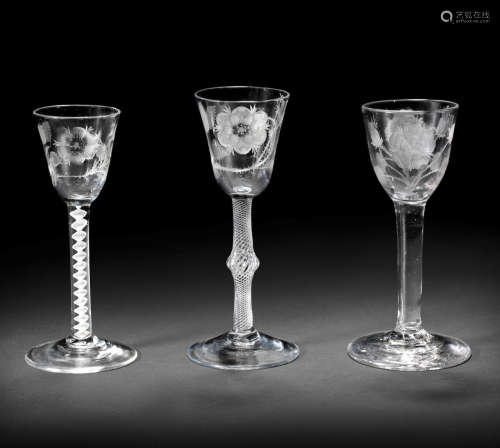 Three Jacobite engraved wine glasses, circa 1750-60