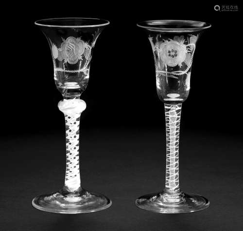 Two engraved opaque twist wine glasses of Jacobite interest, circa 1760-65