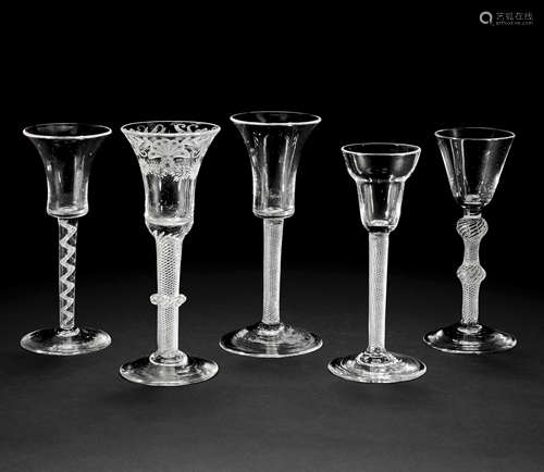 Five airtwist wine glasses, circa 1750