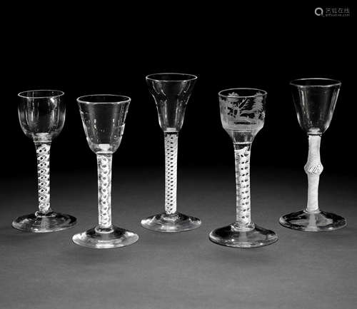 Five opaque twist wine glasses, circa 1760-65