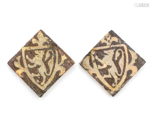 Two medieval armorial encaustic floor tiles, 14th century