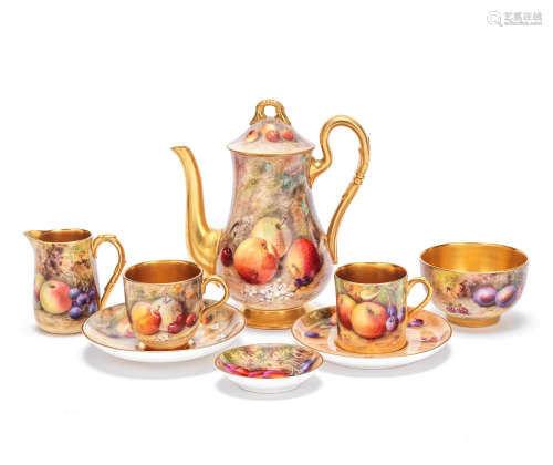 A Royal Worcester 'painted fruit' composite coffee set, dated 1921-22 and 1934-35