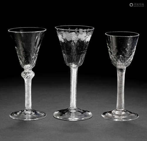 Three moulded wine glasses with twist stems, circa 1750-60