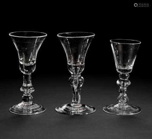 Three baluster wine glasses, circa 1720-30