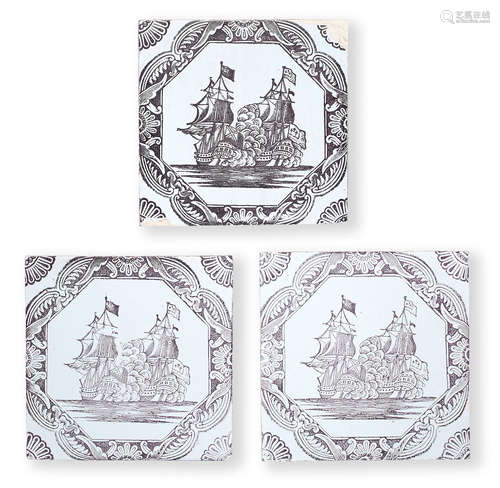 Three Liverpool delftware woodblock tiles, circa 1756-57