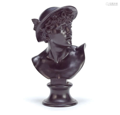 A Wedgwood black basalt bust of Mercury, dated 1878