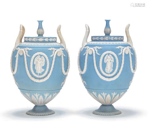 A pair of Wedgwood blue jasper vases and covers, 19th century