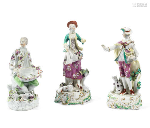 A Derby sweetmeat figure and a pair of Derby figures, circa 1756-65