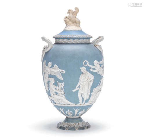 A Wedgwood blue jasper 'Pegasus' vase and cover, dated 1871