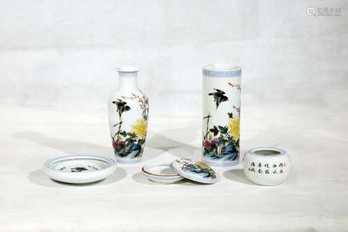 A Set Of Five Famille Rose Porcelain Scholar'S Items