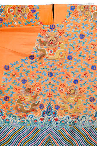 AN UNCUT APRICOT GROUND EMBROIDERED SILK YARDAGE FOR A COURT ROBE Late Qing dynasty