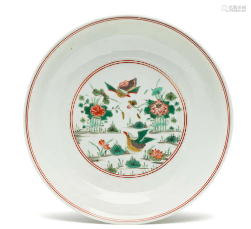A wucai 'Mandarin Duck' Dish Chenghua mark, Kangxi period
