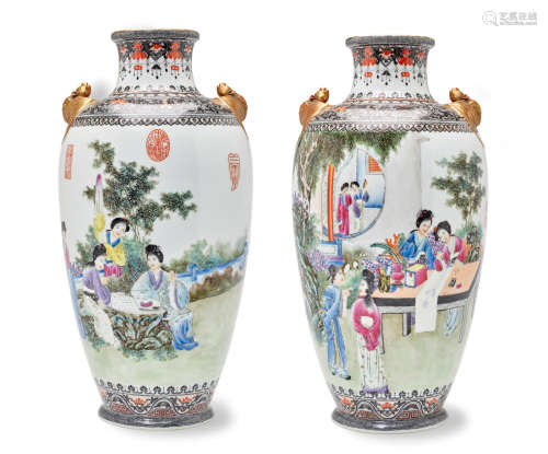 A Pair of Famille Rose Enameled Porcelain Vases Qianlong marks, Republic period