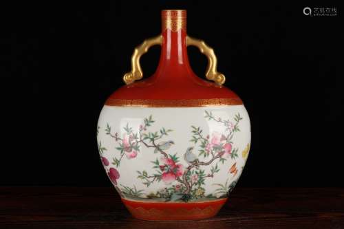 A Chinese Iron Red Gild Famille Rose Floral Porcelain Vase