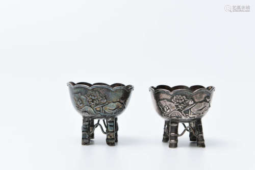 A Pair of Chinese Silver Flower Mouth Silver Standing Cups