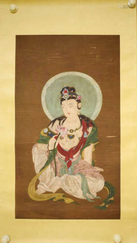 A Chinese Guanyin Painting Silk Scroll, Ding Yunpeng Mark