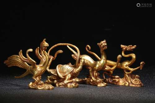 4 Chinese Gild Copper Ornaments of Four great god beast