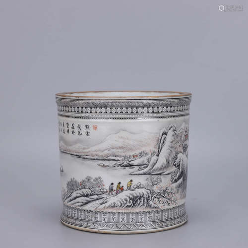 A Chinese Ink Colored snow-covered landscape Porcelain Brush pot