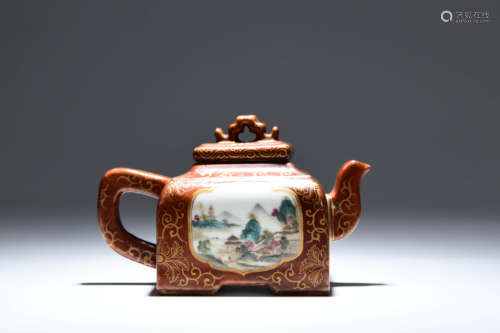 A Chinese Purplish Red Gild Landscape Painted Porcelain Teapot