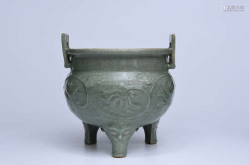 A Chinese Cyan Glazed Porcelain Three-legged Double Ears Incense Burner