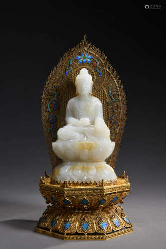 A Chinese White Jade Carved Guanyin Statue with Gild Silver Gem inlaid Throne