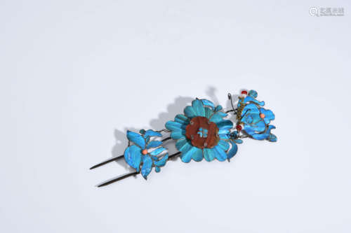 A Chinese Floral Silver Kingfisher craft Hairpin