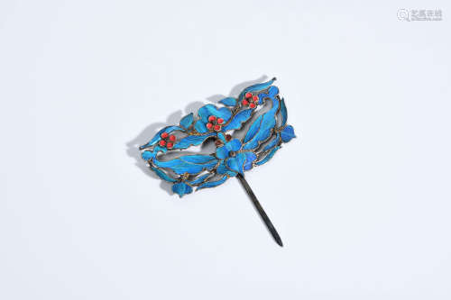 A Chinese Floral Silver Kingfisher craft Hairpin