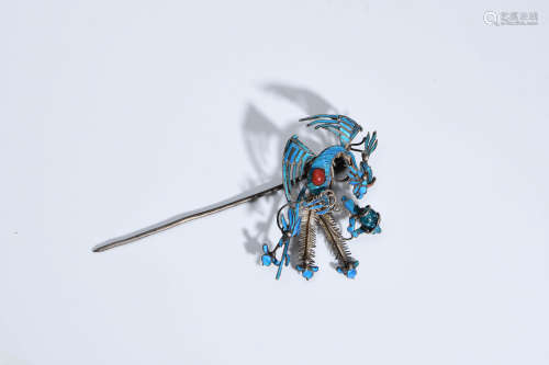 A Chinese Silver Kingfisher craft phoenix Hairpin